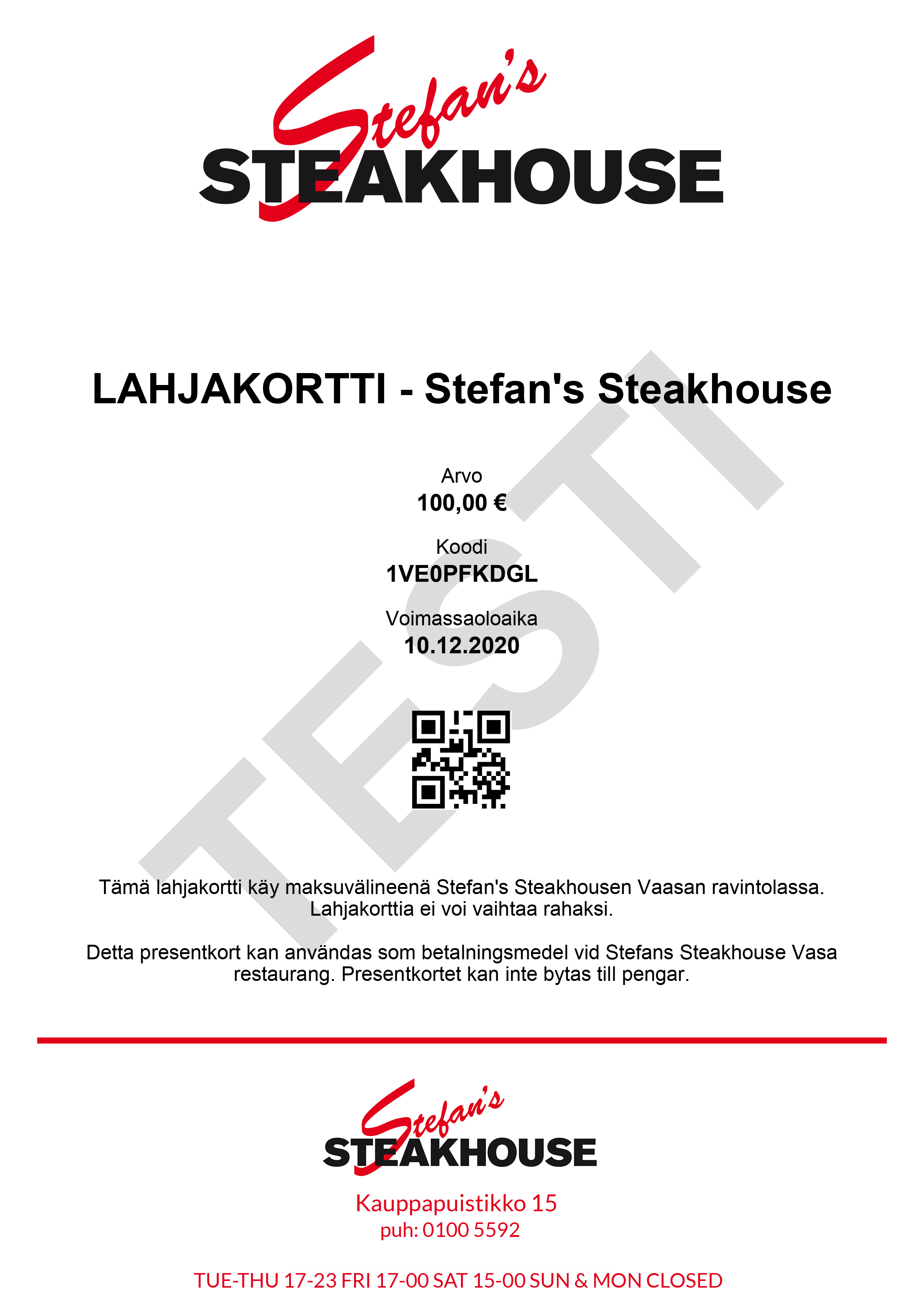 Lahjakortti - Stefan's Steakhouse 100€